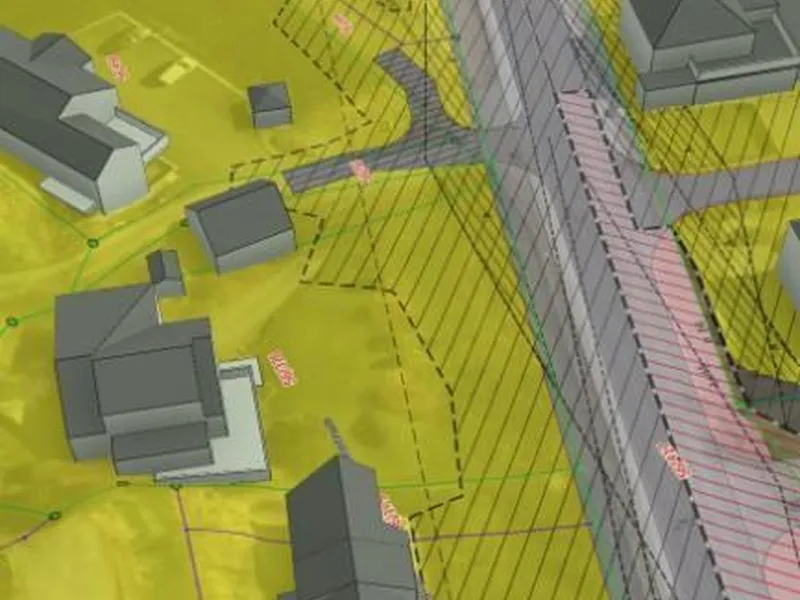 Omsøkt endring gjelder omregulering av GS-areal (grå) til boligformål (gul). Grønn linje viser nye eiendomsgrenser som er etablert bak ny kantstein. - Klikk for stort bilde