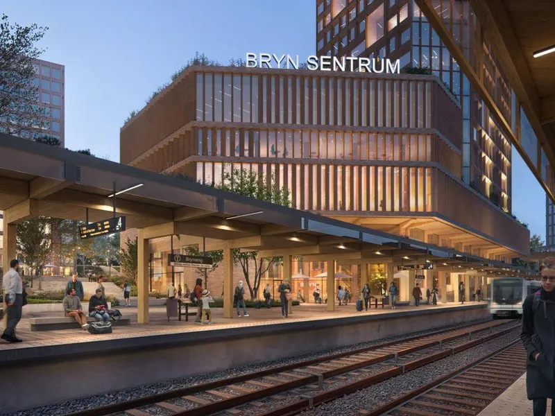 Brynseng t-banestasjon ligger integrert i planområdet. Illustrasjon: Visulent, Grape Architects, Mad arkitekter, 4B arkitekter, Hille Melbye arkitekter, NIELSTORP+ arkitekter, Helen & Hard, SLA.