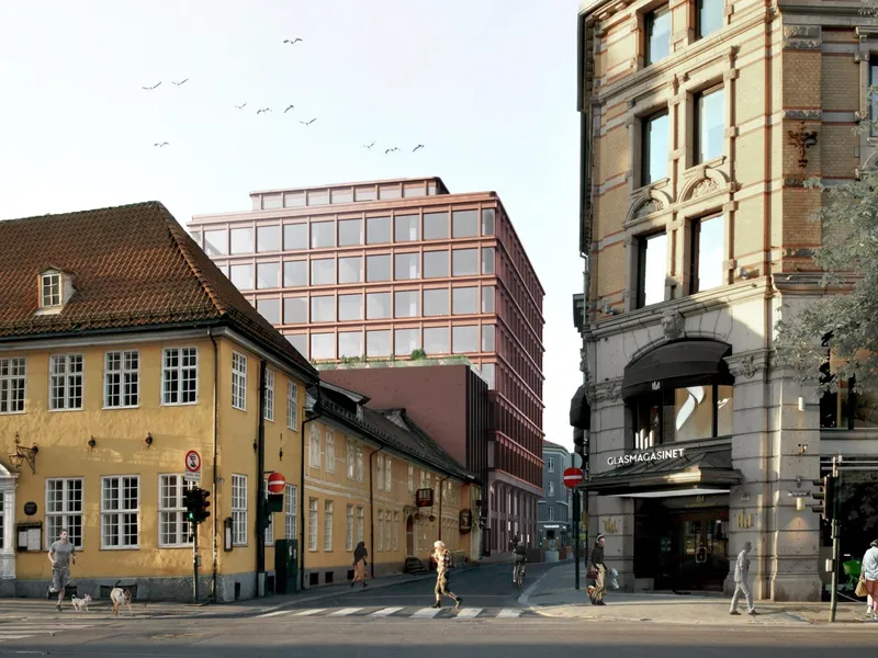 Illustrasjon, bygater, historiske, gamle bygg fra rundt 1900, høyrest kontorbygg med glassfasader i bakgrunnen. 