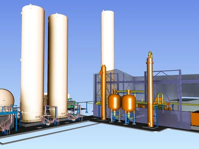 Luft som råvare: 3D modell av luftgassfabrikken hvor Nippon Gases skal produsere flytende oksygen og nitrogen ved å dypkjøle luft fra omgivelsene. Den flytende gassen lagres i vakumisolerte lagertanker med temperatur på ca. -180 grader. Gassen fraktes deretter ut til kunder med tankbiler.