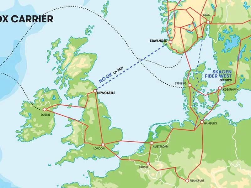 Illustrasjonen viser de to undersjøiske fiberkablene som nå er under bygging. Fiberkabelen til England vil være ferdig innen utgangen av 2021 mens fiberkabelen mellom Larvik og Hirtshals blir ferdig tredje kvartal 2020.