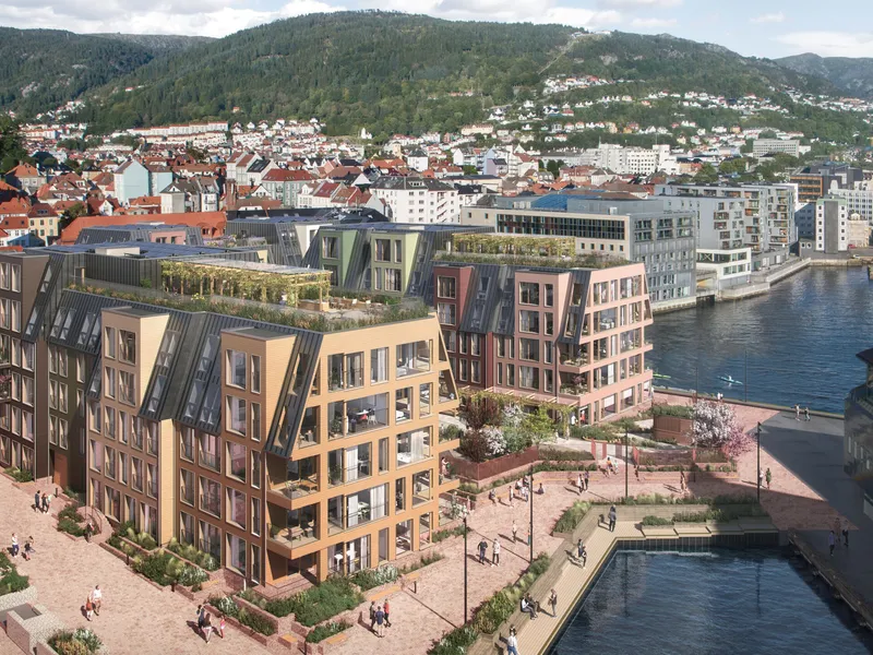 LAB Entreprenør har signert kontrakt med Nøstegaten 72-74 AS (OBOS Nye Hjem) for 96 leiligheter i sjøkanten på Nøstet.. Illustrasjon: OBOS