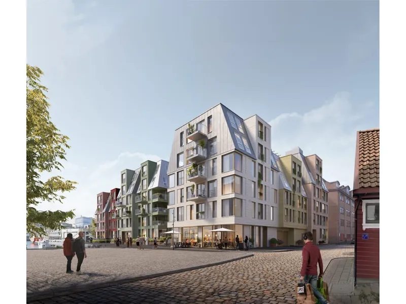 Illustrasjon av fasaden til Nøstebukten brygge og den åpne plassen foran.