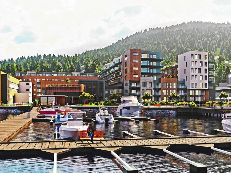 Nøsted Brygge skal gjennomgå en større transformasjon og utvikling på Nøsted i Drammen. De eldre næringsarealene skal delvis rives og rehabiliteres. 90 leiligheter skal bygges nye som påbygg og nybygg i opptil syv etasjer. Illustrasjon: Nøsted Brygge