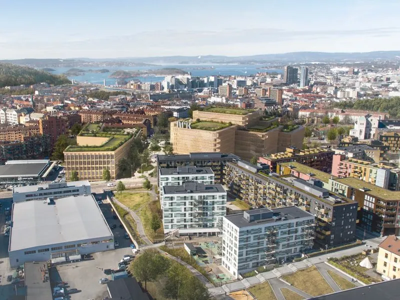 Illustrasjonene er Rodeo og Nordics visualiseringer av hvordan NRKs fremtidige hovedkontor på Normannsløkka og byrommene rundt kan se ut.