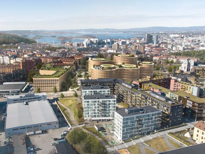 Illustrasjonene er Rodeo og Nordics visualiseringer av hvordan NRKs fremtidige hovedkontor på Normannsløkka og byrommene rundt kan se ut.