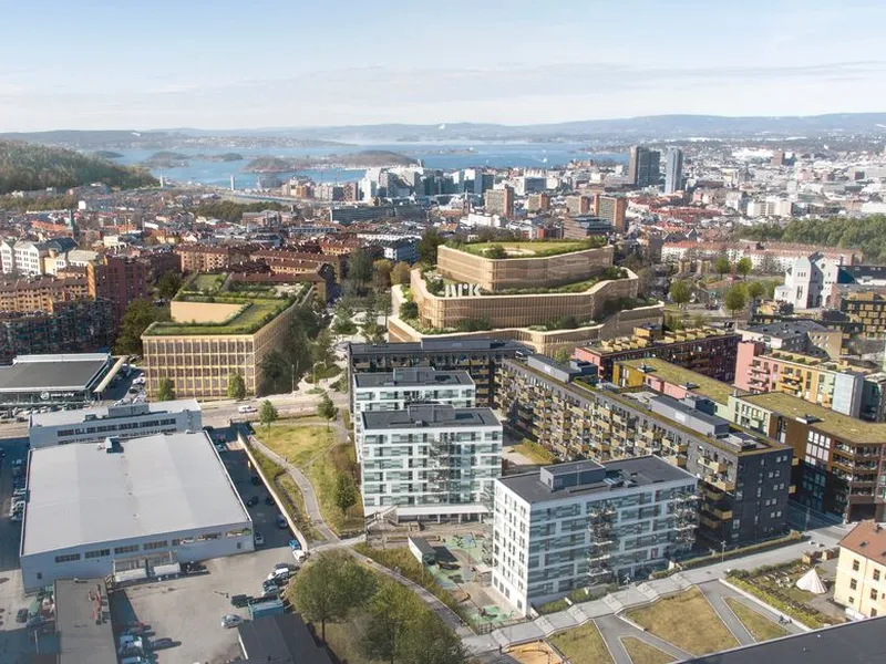 Illustrasjonene er Rodeo og Nordics visualiseringer av hvordan NRKs fremtidige hovedkontor på Normannsløkka og byrommene rundt kan se ut.
