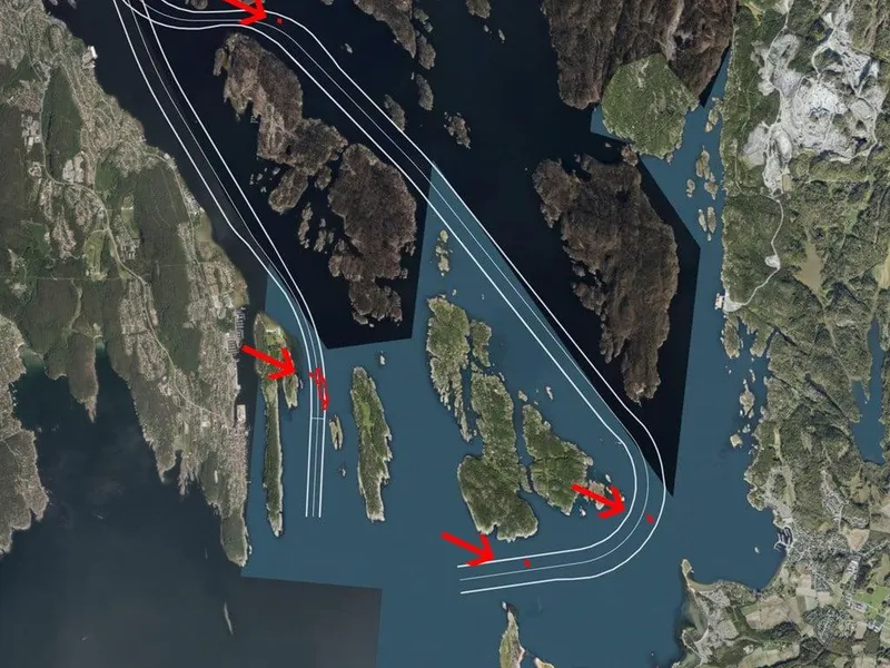 Illustrasjonskart som viser planer for etablering av ny innseiling til Grenland