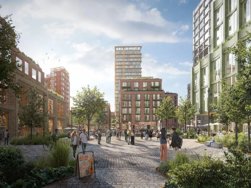 Bryn sentrum vil få et urbant bydelstorg. Illustrasjon: Grape Architects/Rodeo arkitekter/Visulent