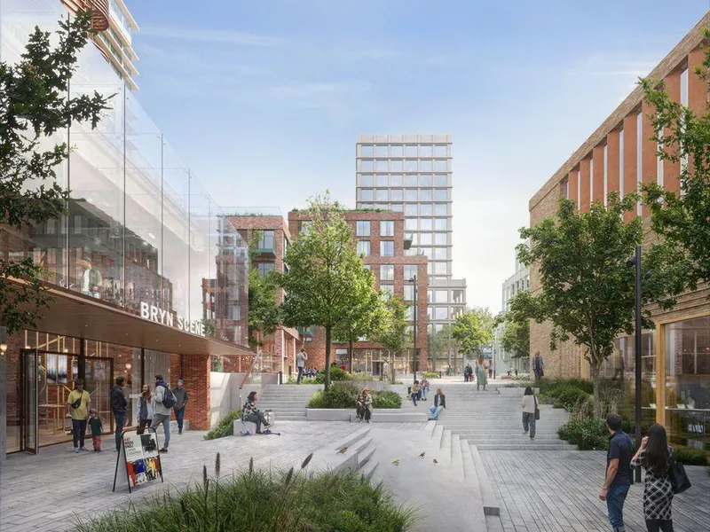 En plan for et helhetlig byområde med funksjonsblanding utviklet av to av landets største utviklere innenfor næring og bolig. Illustrasjon: Grape Architects/ Rodeo arkitekter/ Visulent