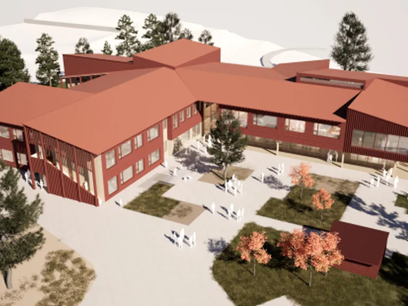 Bildet viser en illustrasjon av den nye skolen, skrått fra oversiden. Bygget er i en dempet rød, med spredde trær rundt. Bygget former en vinkel der plassen har gangveier, planer og personer som går rundt. 