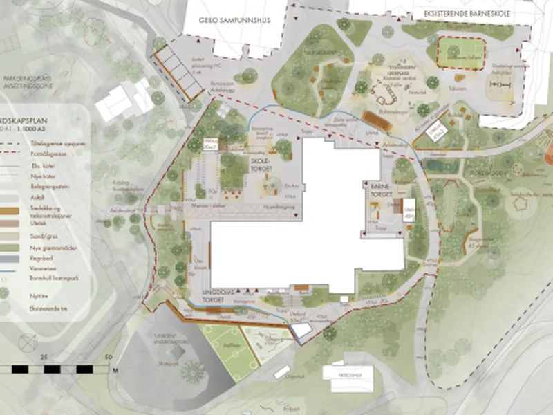 Bildet viser et oversiktskart over området til den nye skolen. Hovedbygget er to fløyer i en 90 graders vinke, med noen mindre utbygg. Plassen som dannes av fløyene kalles Skoletorget og viser en plass med grøntområder og oppholdsområder. På utsiden av fløyene er det egne oppholdsplasser for barne- og ungdomstrinnet. 