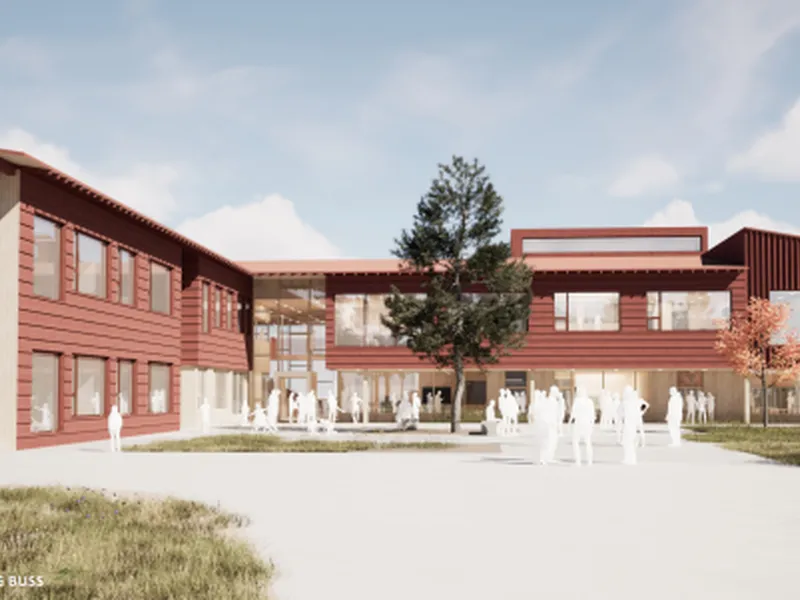 Bildet viser en illustrasjon av ankomsten til den nye skolen. Skolen er lav og i en dempet rød. Det er trær og plener i området.