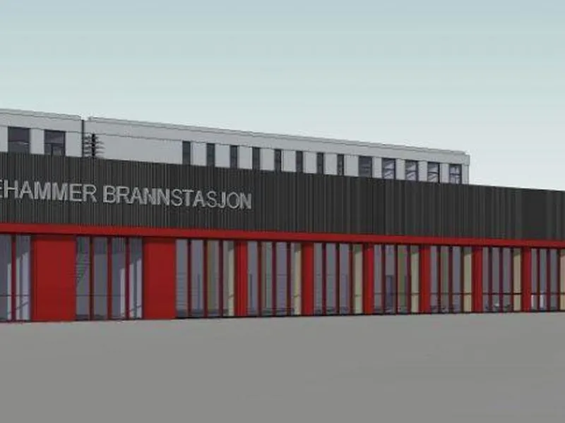 Enkel illustrasojn av et bygg i 5 etasjer med flere garasjeporter på rekke