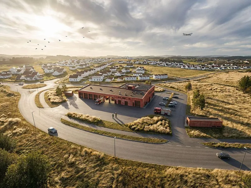 Fugleperspektiv illustrasjon av Nærbø brannstasjon