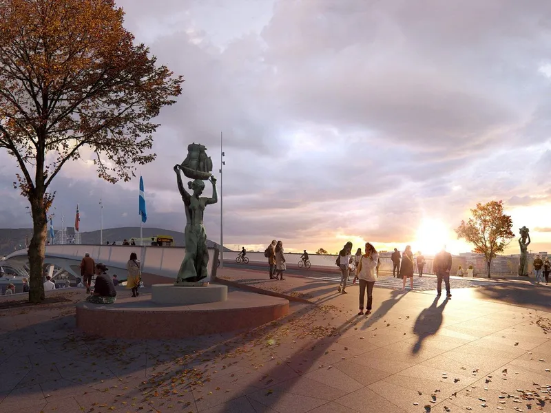 Illustrasjon av hvordan brua blir, sett fra øst. Med statuene satt opp