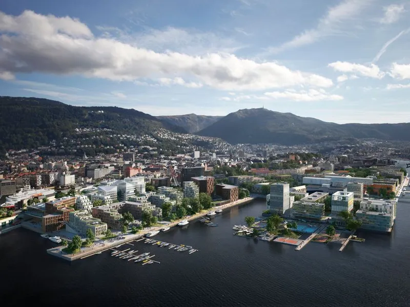 Asplan Viak og MAD Arkitekter har sammen med Probiz og Casagrande Laboratory fått prestisjeoppdraget med planlegingen av «ny bydel Dokken» i Bergen. Illustrasjon: MAD Arkitekter