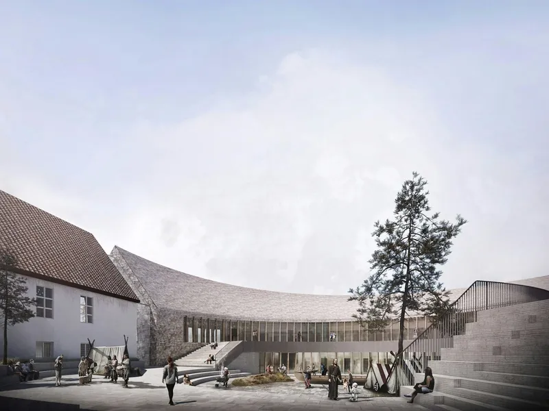 Illustrasjon av uteareal til det nye vikingtidsmuseum, Bygdøy, Oslo