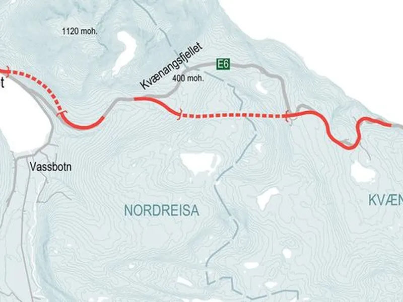 Kart som viser ny E6 over Kvænangsfjellet