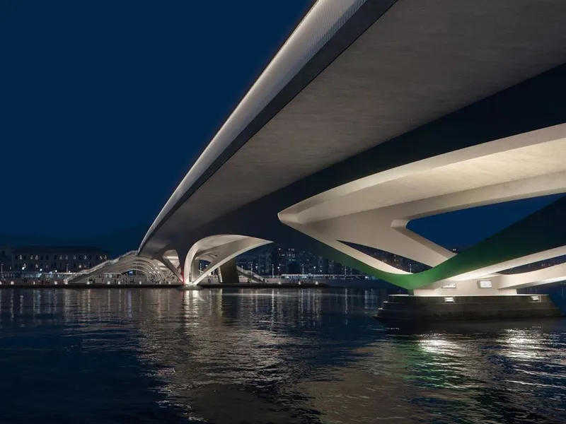 Den nye bybrua mellom Bragernes og Strømsø, blir et vakkert landemerke for Drammen når den står ferdig til neste høst.Illustrasjon: Saaha / Knight Architects