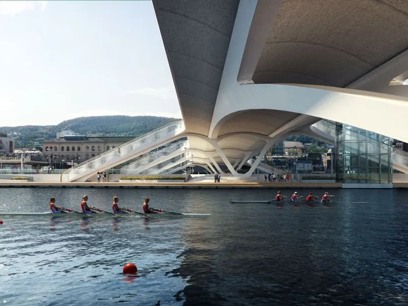 Den nye bybrua i Drammen skal etter planen være ferdig sensommer/tidlig høst 2025.Illustrasjon: Degree of Freedom / Saaha Arkitekter / Knight Architects / Asplan Viak.