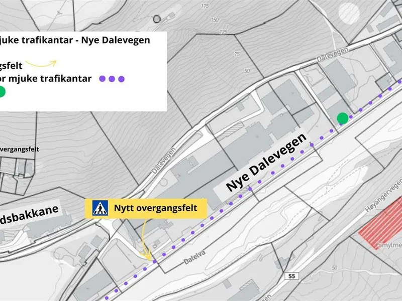 kart som viser endringane for mjuke trafikantar langs dalevegen - Klikk for stort bilete