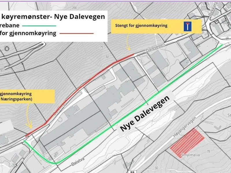 Kart som viser nytt køyremønster. - Klikk for stort bilete