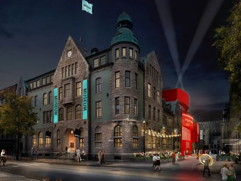 Skissetegning av nye Hjorten Teater og Posten Moderne Kunstmueseum
