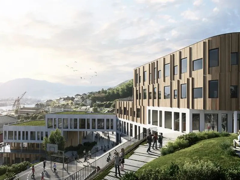 Holen skole i Bergen. Illustrasjon: HUS arkitekter/Arkitektgruppen CUBUS/Brick Visual