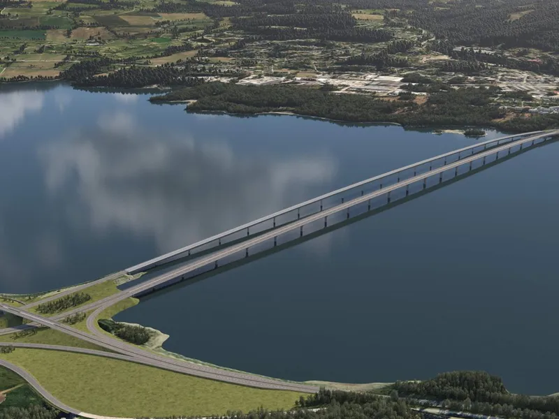 Illustrasjonen viser hvordan den nye Mjøsbrua kan se ut med Nordre alternativ. Ill. Nye Veier