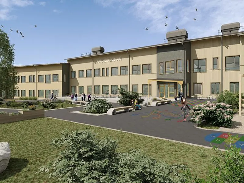 AF Gruppens svenske datterselskap skal bygge nye Paradisskolan med barnehage, grunnskole og idrettshall. Skolen åpner høsten 2021. Illustration: Comarc Arkitekter