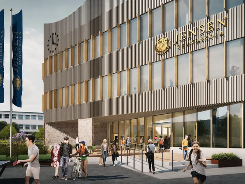AF Gruppens datterselskap HMB Construction har fått i oppdrag å bygge en ny ungdomsskole og videregående skole i Västerås. Ill. Archus
