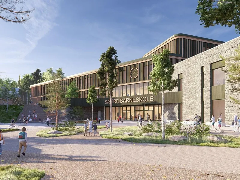 Den nye skolen i Sætre i Asker skal svanemerkes. Illustrasjon: LINK Arkitektur.