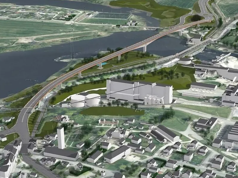 Illustrasjon av ny Sarpsbru, der dagens jernbanebru inntil videre beholdes slik den er.. Illustrasjon: Østfold fylkeskommune