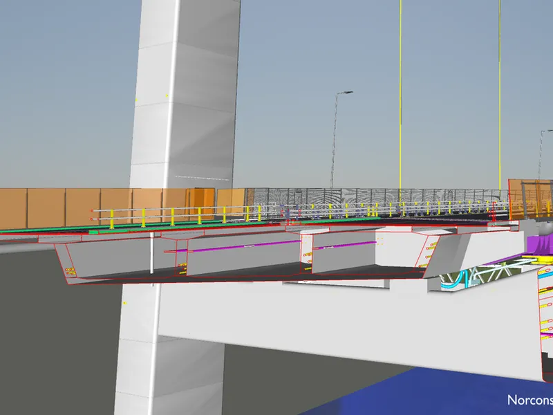 Tverrsnitt gjennom brutårn og viadukt Knarrvika sett fra Knarrvika mot Drotningsvik. På bildet fra BIM modellen til Norconsult ser man flere av detaljene i modellen, blant annet spennarmering, avfuktningsanlegg, ulike kjøresterke rekkverk, støyskjermer og klatresikkert rekkverk. Illustrasjon: Norconsult/Nordic