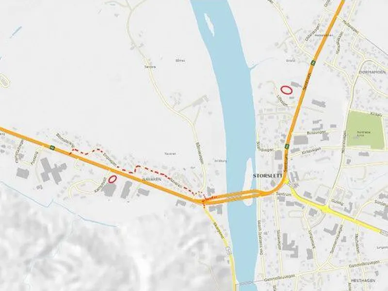 Kart som viser omkjøring og oppstillingsplass på Storslett i Troms.