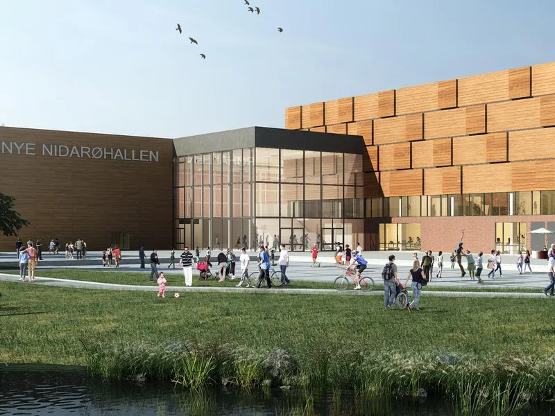 Utendørs fasade med park i front. Illustrasjon