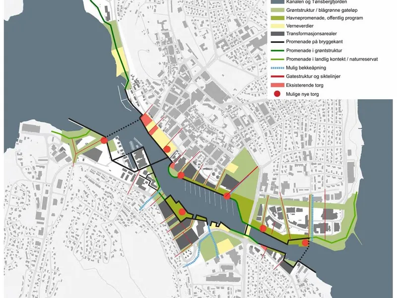 kart over mulig utvikling langs kanalen i tønsberg - Klikk for stort bilde