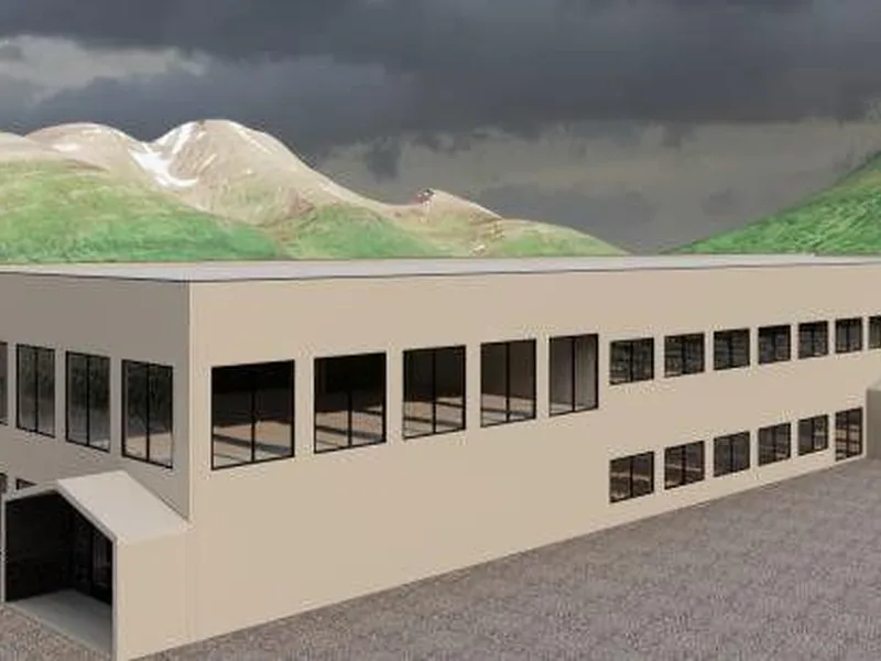 Skisse av ny garnisonshall med fjell i bakgrunnen ved Camp Akkasæter.