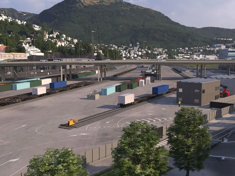Slik blir den nye utslippsfrie godsterminalen på Nygårdstangen i Bergen. (Illustrasjon: Bane NOR/Cowi)