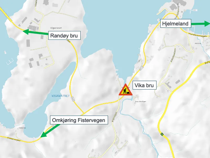 Kart som viser omkøyring via Fister og riksveg 13 - Klikk for stort bilete