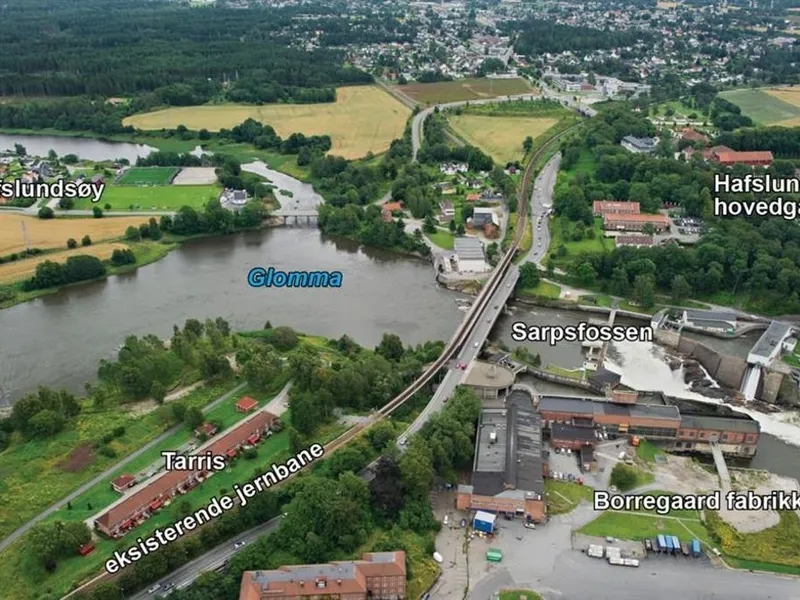 Bilde over området ved Sarpsfossen - Klikk for stort bilde