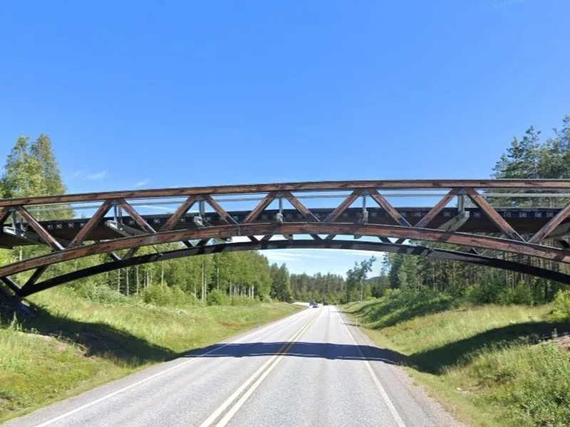 Bilde av en bru i tre som går over en trafikert veg, under blå himmel og omkranset av knallgrønt gress