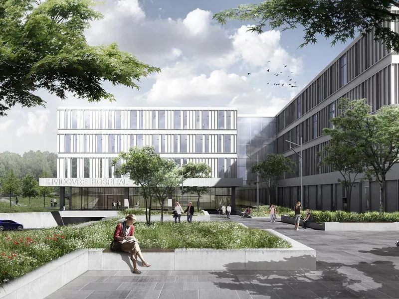 Utomhus med gågater og beplantning. Illustrasjon