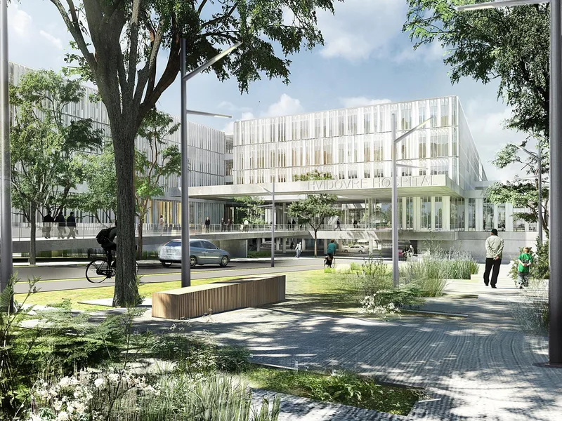 Ankomst til hospitalet, med fortove og beplantning. Illustration