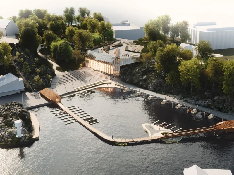 Skanska har inngått samspillskontrakt med Vest-Agder-museet IKS for utvikling av et nytt formidlingsbygg på Odderøya i Kristiansand. Illustrasjon: Helen & Hard.