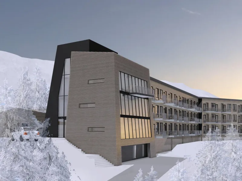 Consto skal bygge nytt hotell inntil alpinanlegget i Narvik. Hotellet skal ferdigstilles høsten 2023. Illustrasjon: Hamperokken AS