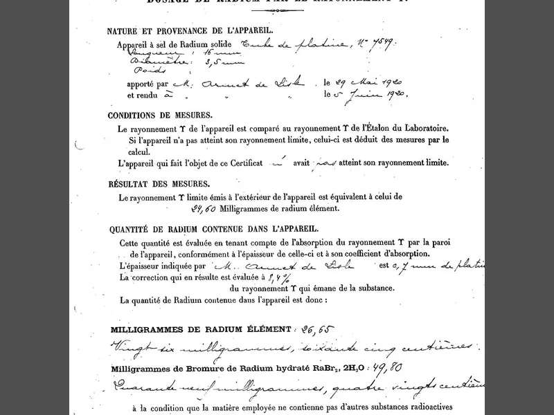 Dokument fra Madame Curie for forsendelse av radium fra Paris til Oslo.