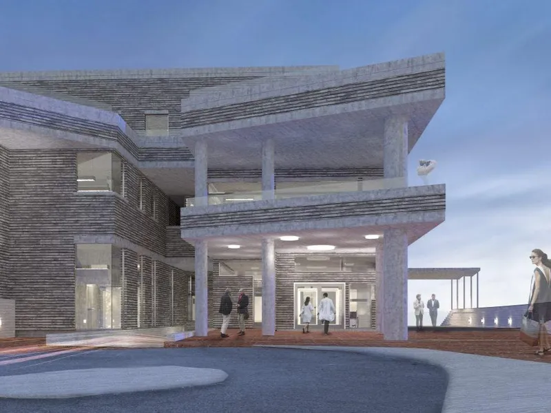 Illustrasjon av nytt legevaktbygg i Arendal ved Sørlandet sykehus, med overbygget inngangsparti og store vindusflater.