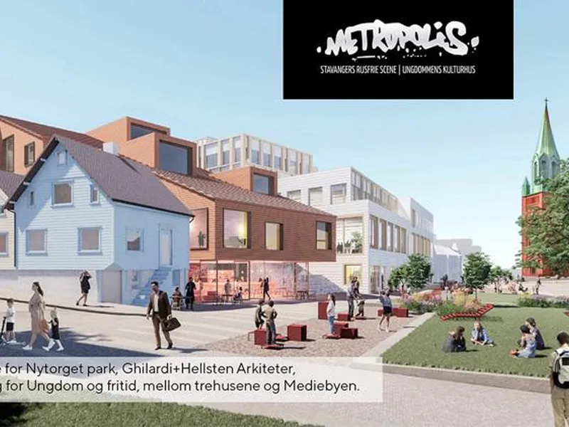 Skisse som viser et tenkt Metropolis og husene rundt